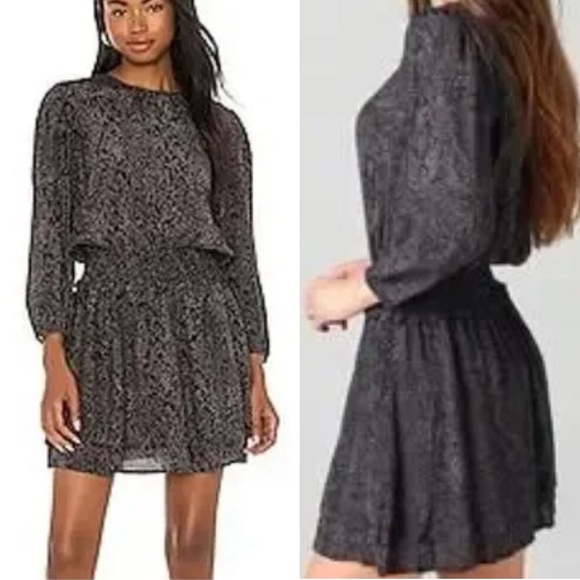 Rails Inez Mini Dress Gray Slate Python Snake Print Long Sleeve Elastic Waist Sm - Picture 1 of 12